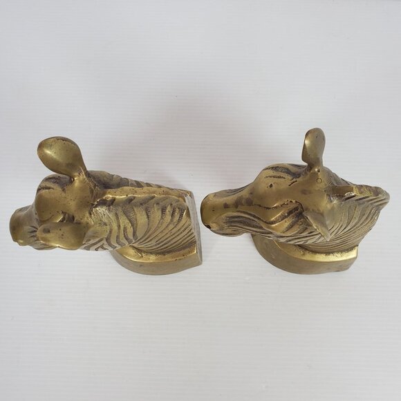 Vintage Brass Zebra Head Bookends Heavy Safari Animal Figurine Pair Mid Century - Picture 7 of 12